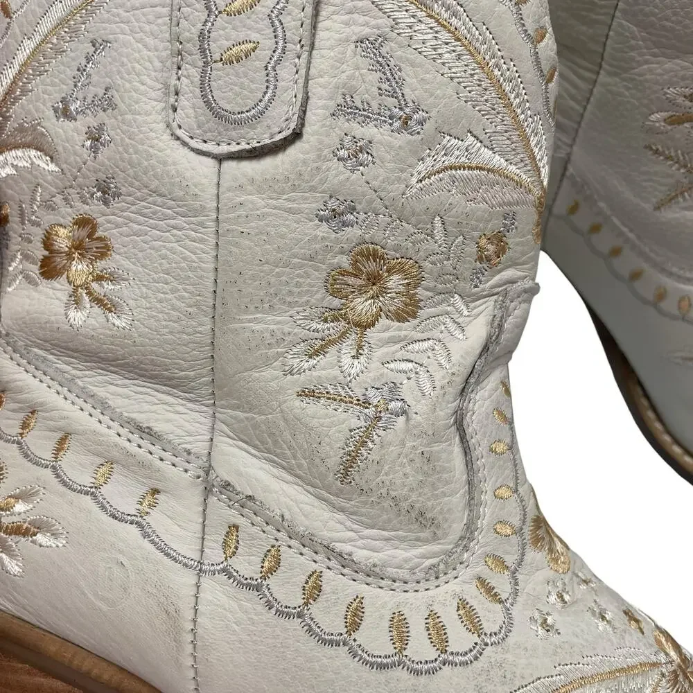 Dingo Primrose Western Bootie White Leather Floral Embroidered Womens Size 8